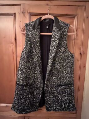 DREW Black & Gray Textured Bouclé Vest  Coatigan with Faux Leather Collar